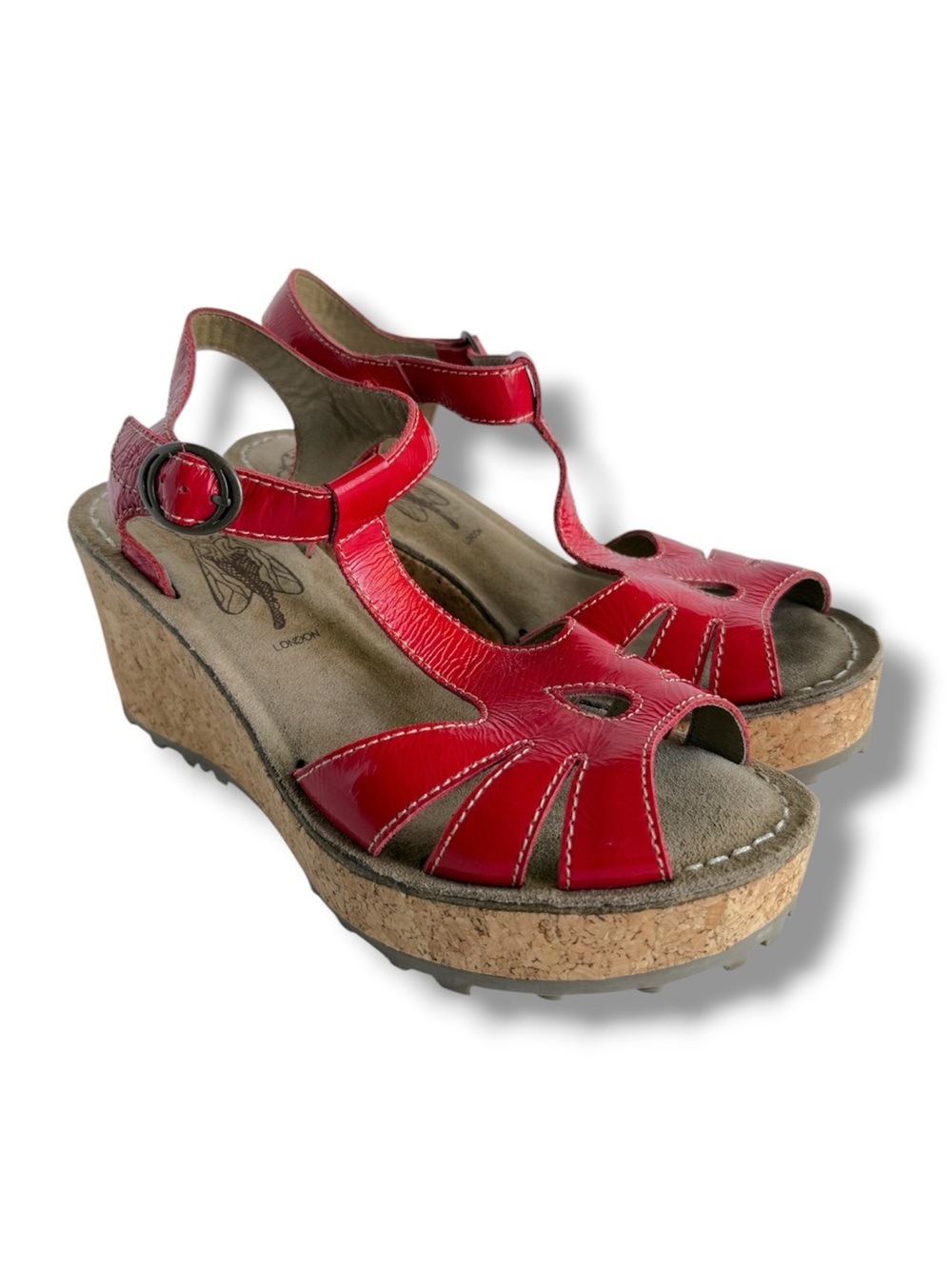 Fly London Red Patent Leather Cork Wedge Sandals EU 40 (US 9–9.5)